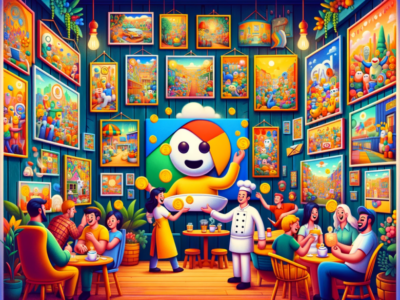 DALL·E 2023-11-13 14.52.21 - A whimsical and fun depiction of Google AdSense concept. Imagine a colorful, animated scene in a cozy cafe setting. The walls of the cafe are adorned