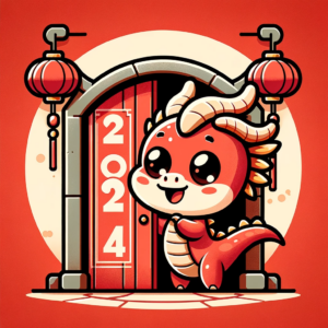DALL·E 2024-01-07 19.08.49 - A cartoon-style illustration for Chinese New Year 2024. The image features a cute, cartoon Chinese dragon, characterized by its playful and friendly a