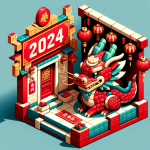 DALL·E 2024-01-07 19.08.58 - An isometric style illustration for Chinese New Year 2024, featuring the same cute, cartoon Chinese dragon, but now in a three-dimensional, isometric