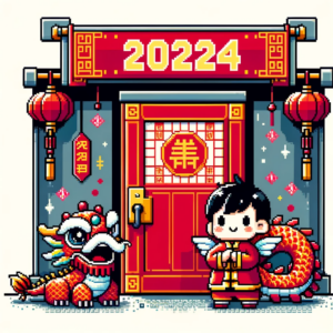 DALL·E 2024-01-07 19.09.01 - A pixel art style illustration for Chinese New Year 2024. The image features the cute, cartoon Chinese dragon reimagined in classic pixel art, with a